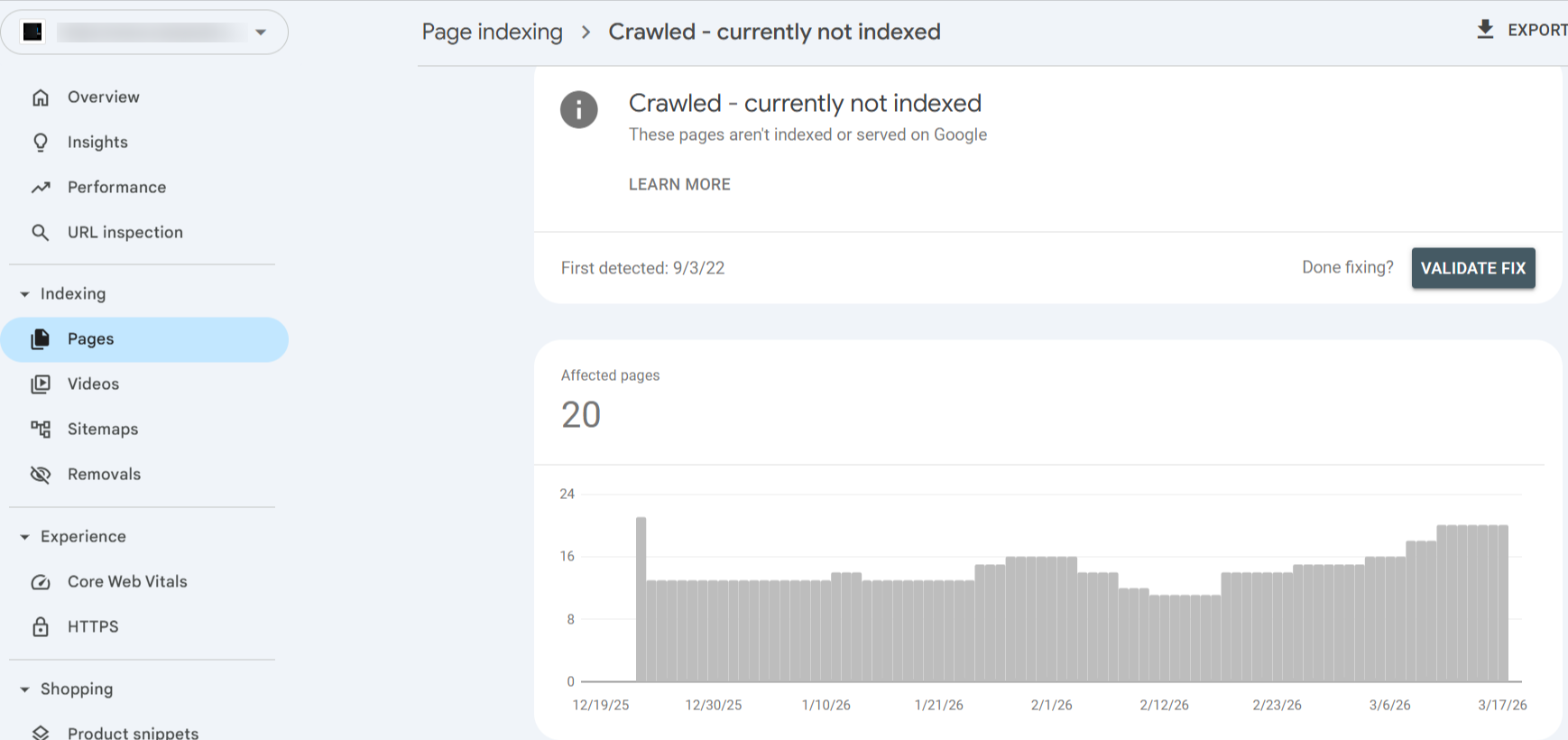  crawled-currently not indexed page inn search console with detailed graph overview
