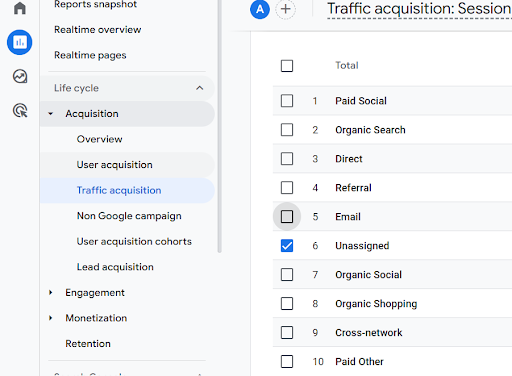 Traffic aquisition section in GA4